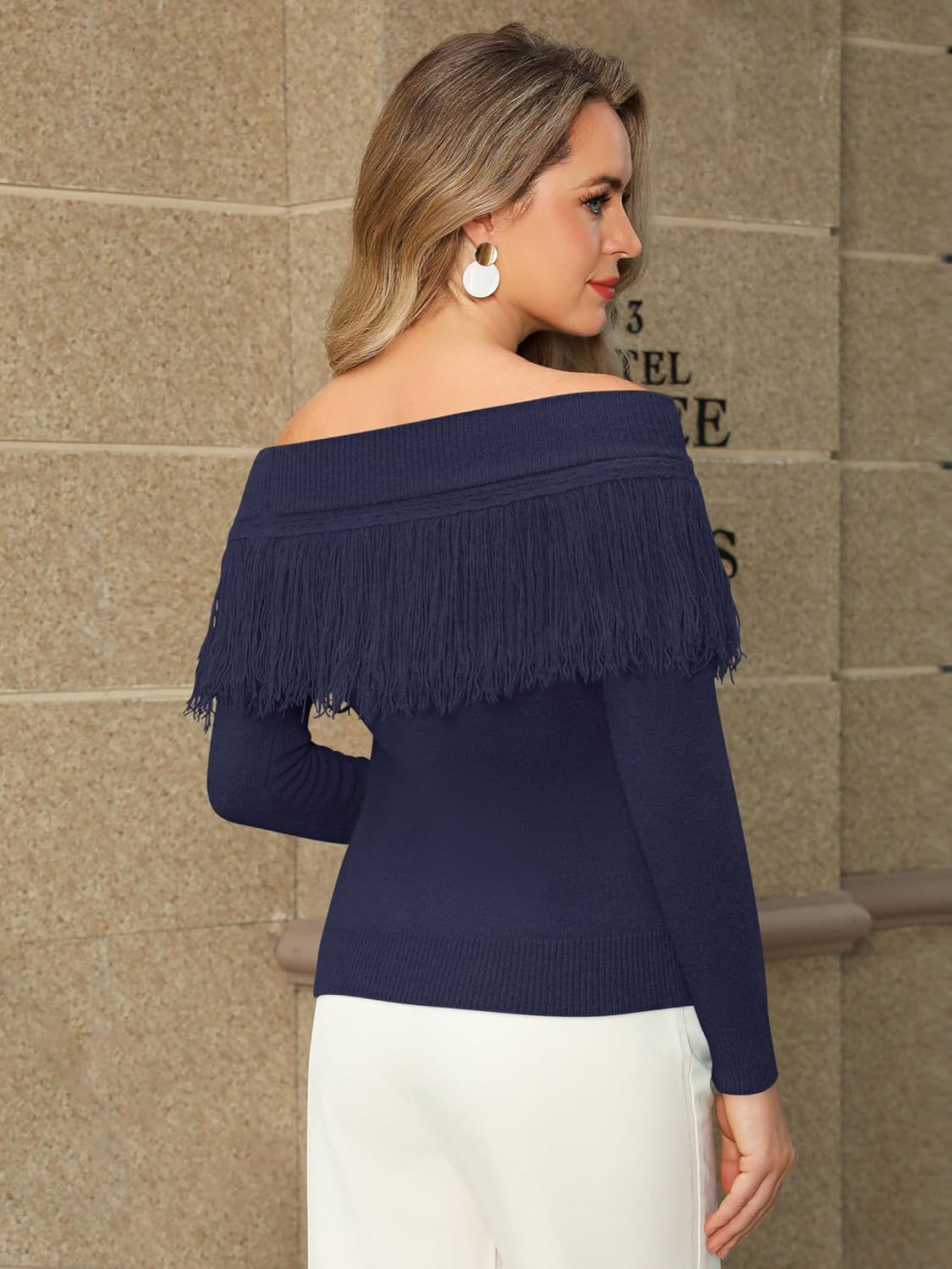 WLLW Women's Fringe Tops Juniors Boat Neck Sweater Long Sleeve Pullover Sweater Slim Fit Off Shoulder Sweaters - Image 2