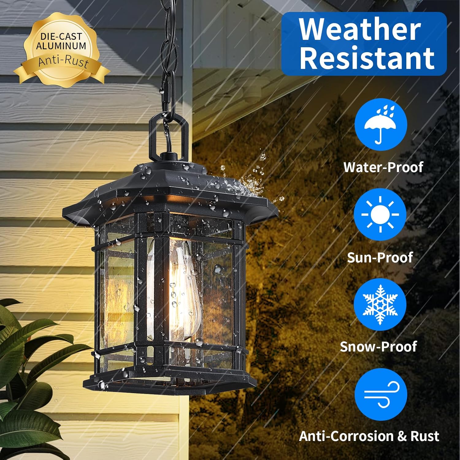Outdoor Pendant Lights for Porch, Black Exterior Hanging Lanterns, Farmhouse Ceiling Light Fixture, Waterproof Tempered Seed Glass Outdoor Chandelier, 1Pack