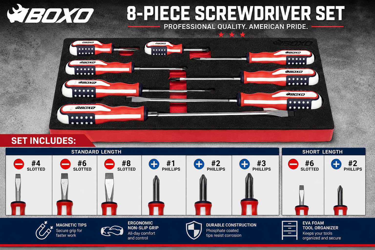 Boxo Juego de destornilladores con mango de bandera americana de edición limitada de 8 piezas