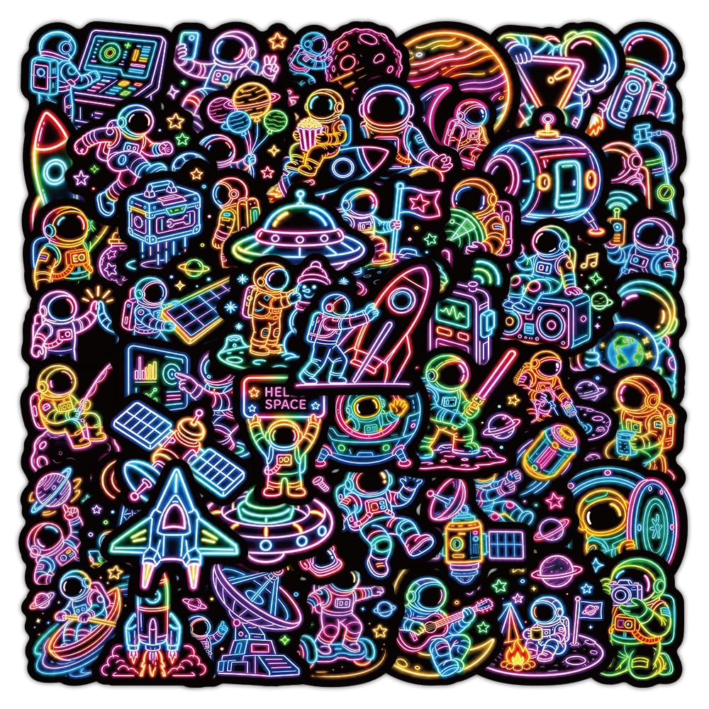 50 Neon Space Vinyl Decals Astronaut Rocket UFO Stickers for Notebook Bag