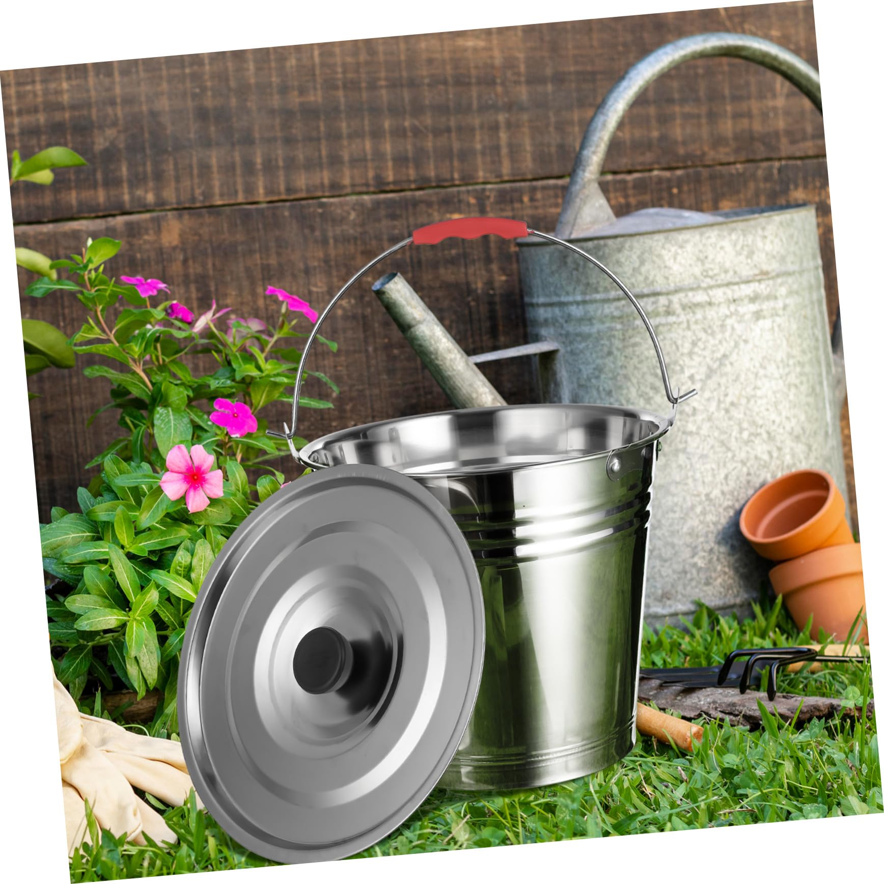 Seau INOX Conception Monobloc Solide avec Couvercle Toilette Sèche en Acier Inoxydable et Maniement pour Usage Domestique et Pâturage