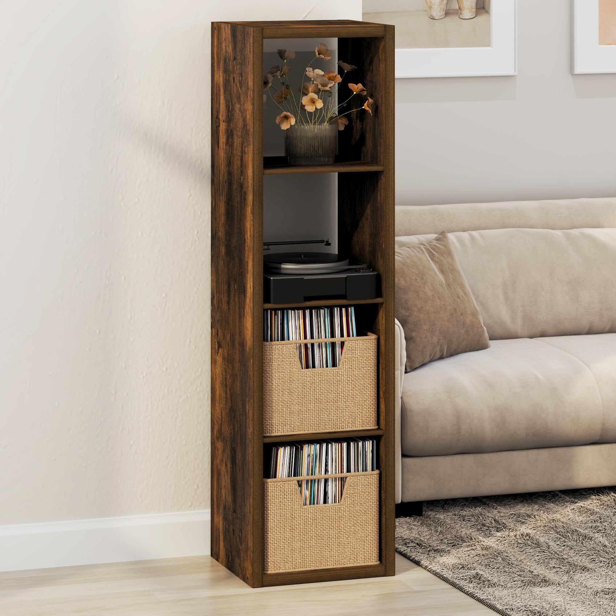 Furinno Cubicle Record Player Stand, 4-Cube Vinyl Record Storage,Amber Pine