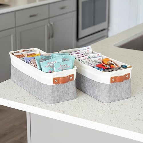 Vista 72 de OrganiHaus - Canastas de almacenamiento estrechas, 15 x 06 pulgadas, pequeñas, para estantes, armarios, baños, organizador de tela con asas, Beige