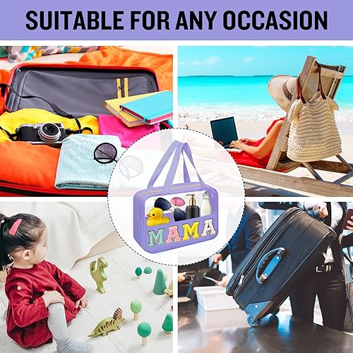 Miniatura 5 de Preppy - Bolsas de maquillaje transparentes con parches de letras de chenilla, bolsa transparente con cremallera con asas, bolsa de aseo de viaje