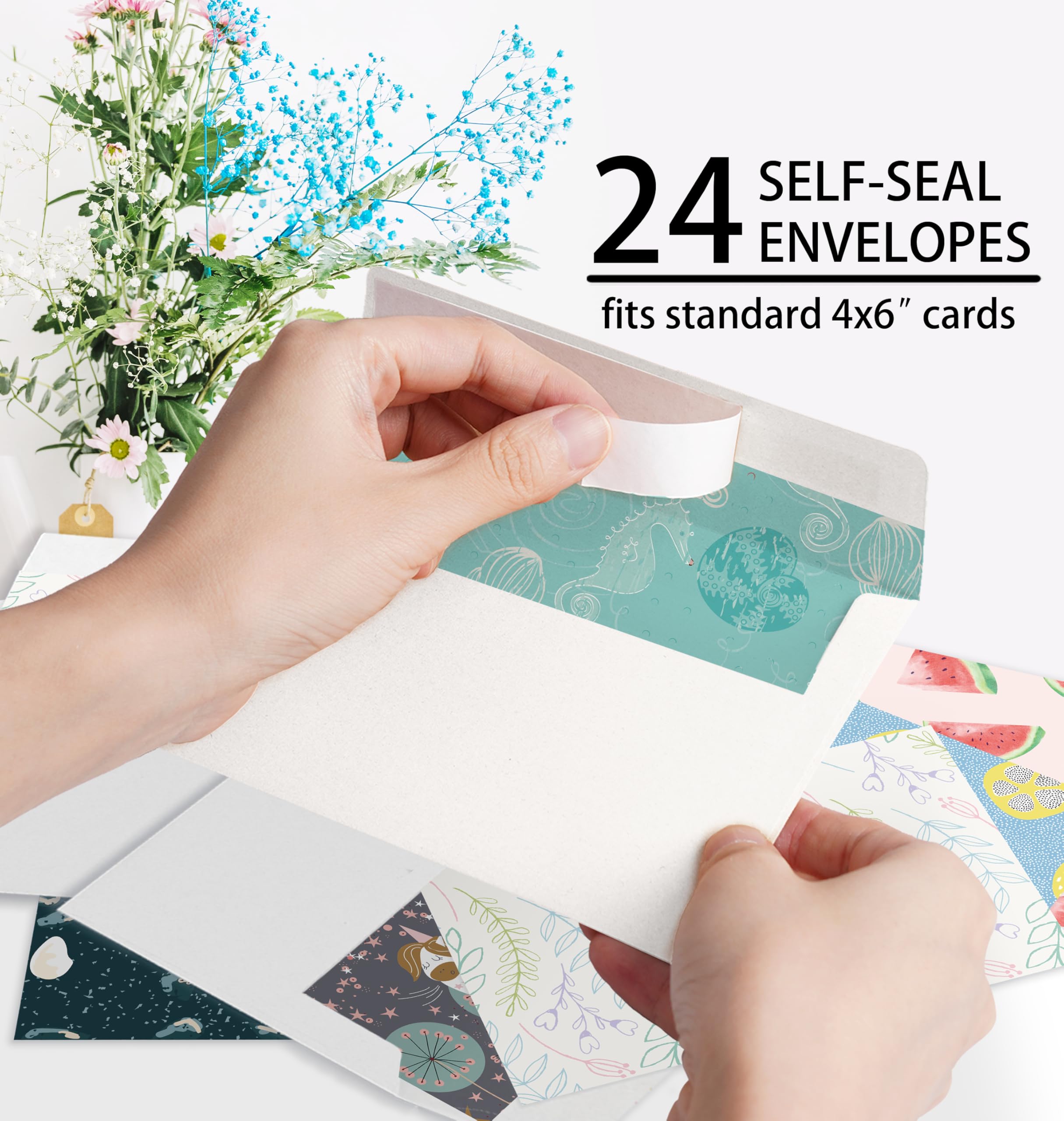 Paquete de 24 tarjetas de felicitación en blanco para todas las ocasiones, tarjetas de felicitación en caja de 4 x 6 pulgadas con sobres autoadhesivos, 24 diseños únicos, sin repeticiones