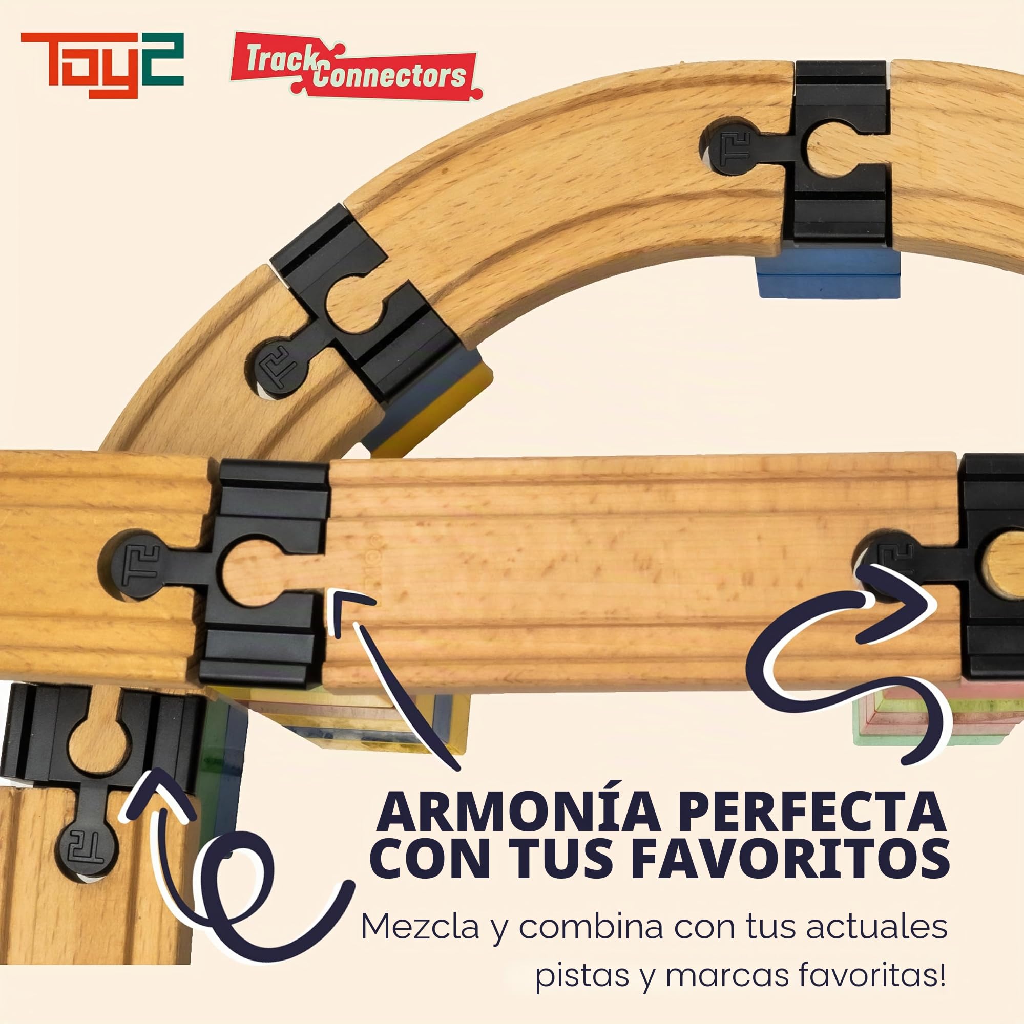 TOY2 Allround - Juego de 41 Conectores de Pista de Tren para Juguetes compatibles con Brio & Duplo | Kit con 6 Conectores Diferentes | Juego de Conectores de riel de Madera sostenible