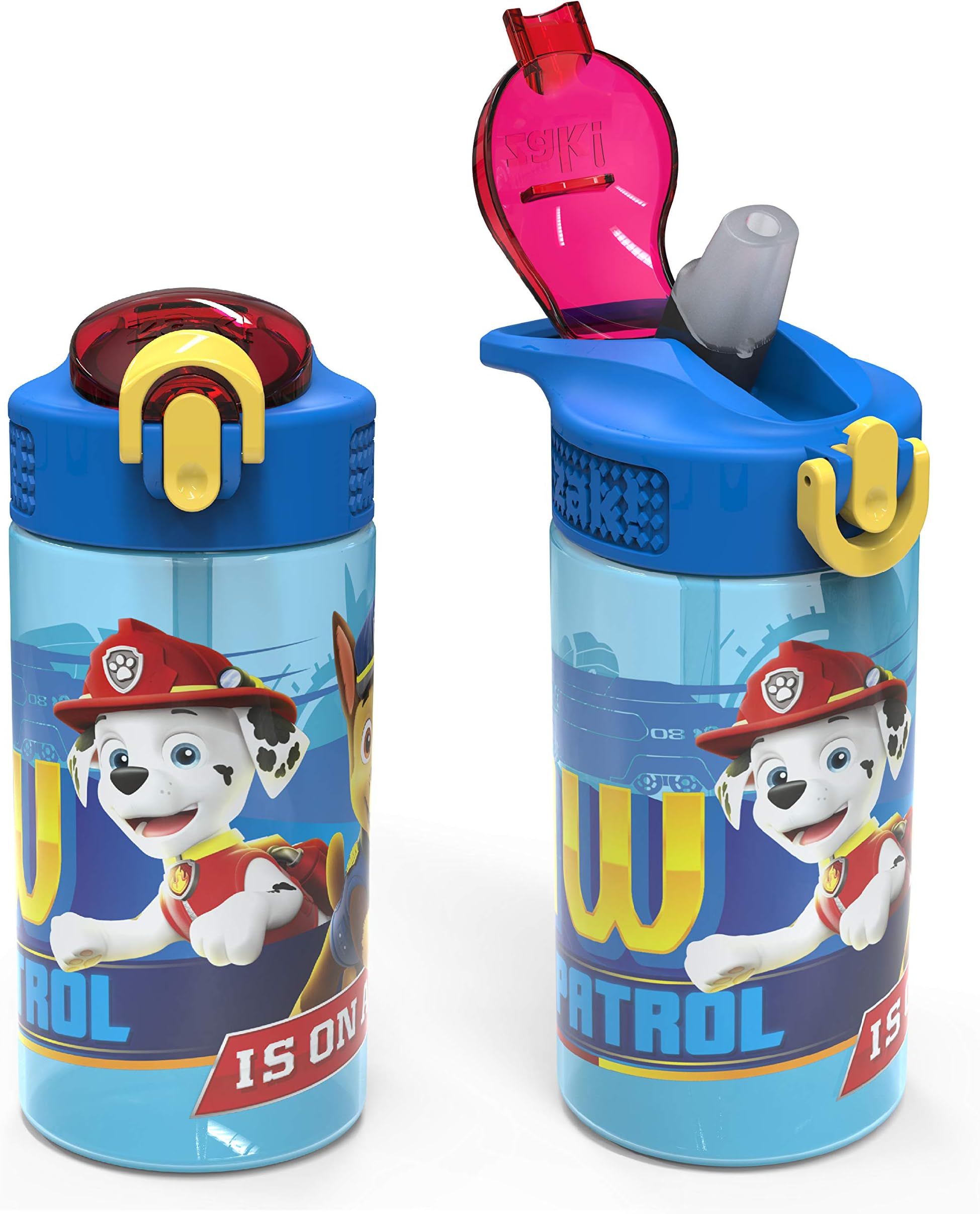 Zak Designs Kids Durable Plastic Spout Cover and Built-in Carrying Loop, Leak-Proof Water Design for Travel, (16oz, 2pc Set), Paw Patrol Marshall Bottle 2pk