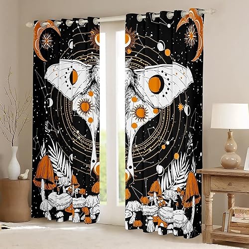Miniatura 2 de Cortinas opacas con estampado de hongos amarillos trippy 3D, cortinas de ventana con aislamiento térmico y ojales, juego de 2 paneles para sala de