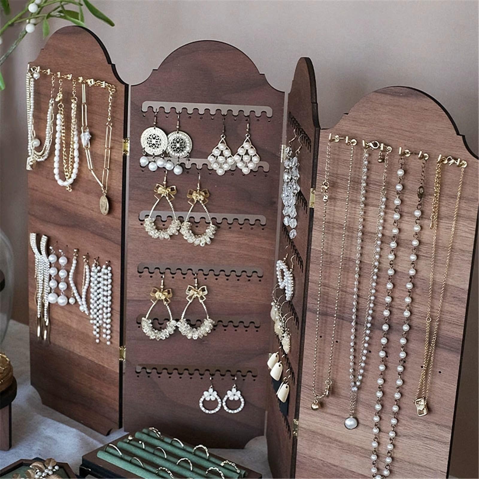 Espositore Gioielli Vintage Foldable Screen Wooden Jewelry Display Stand Organizer Gioielli