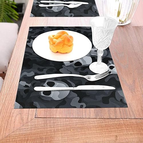 Miniatura 3 de 6 PCS PVC Placemats Set Place Mats Black and Gray Camouflage Pattern Non-Slip Weave Place Mats 12" x 18" Farmhouse Table Mat Set for Family Dinners