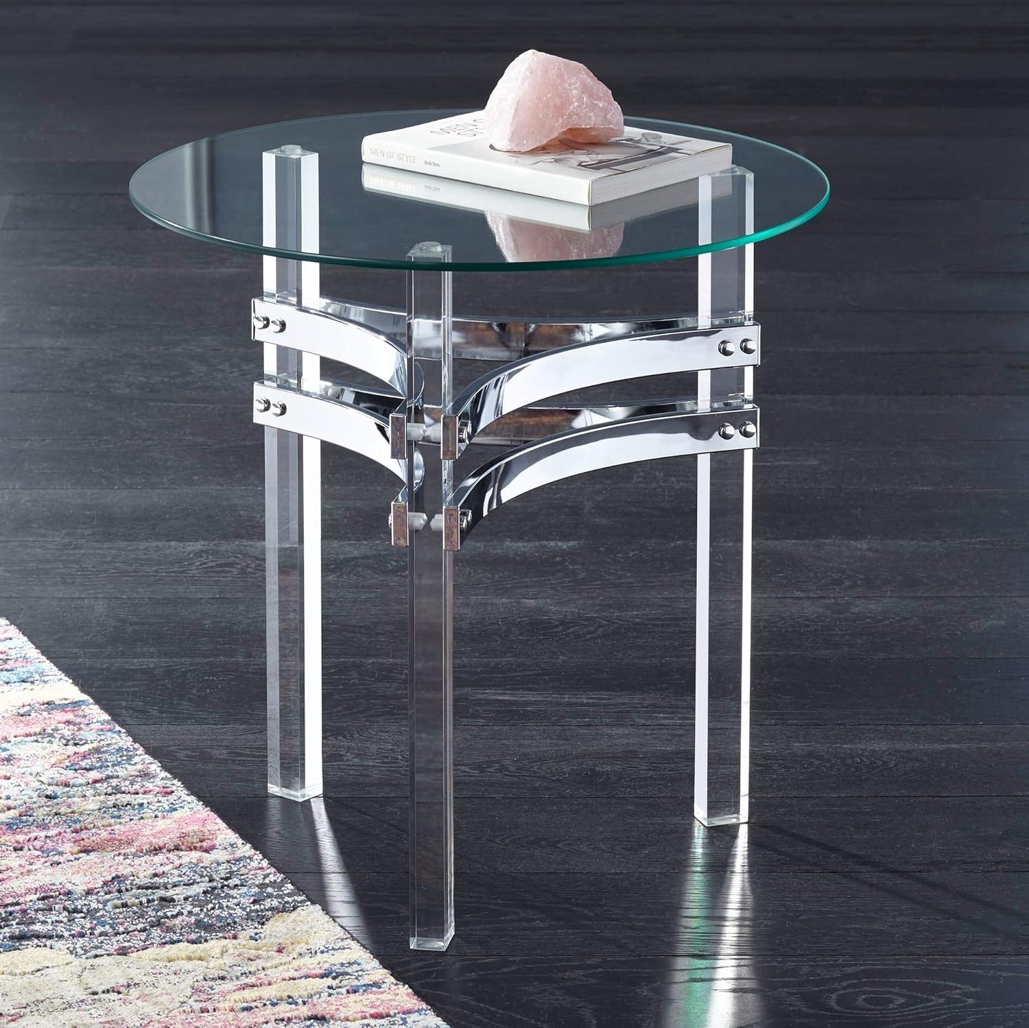 Studio 55D Serenity Modern Acrylic Round Accent Table 23 3/4" Wide Clear Tempered Glass Tabletop Chrome Straps for Spaces Living Room Bedroom Bedside Entryway House Home Office Bathroom