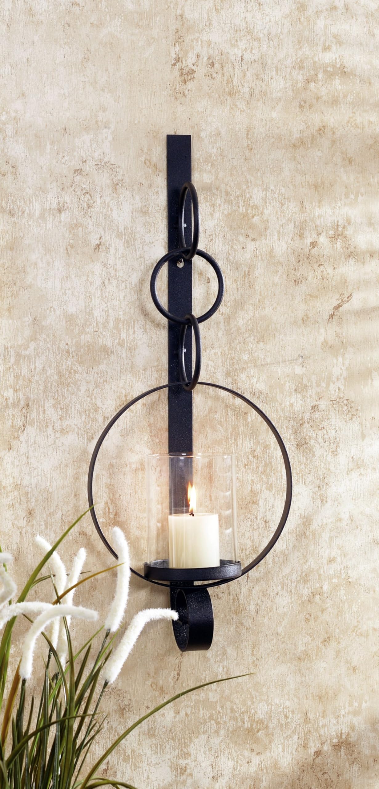 Wandkerzenhalter Schwarz 52 cm hoch groß B: 20,5 cm aus Eisen Glas dekorativ Rustikal Kerzenhalter Wand - ohne Kerzen