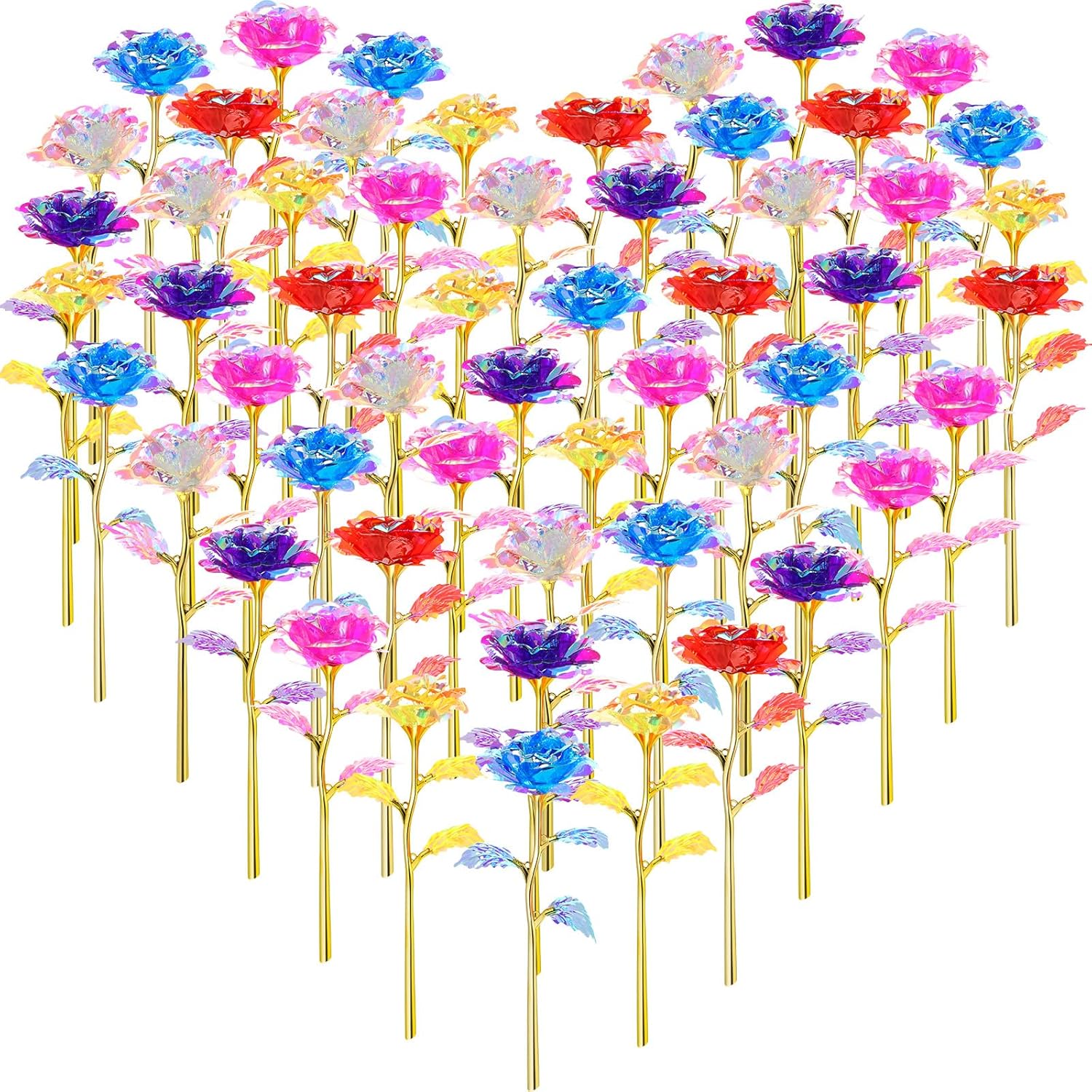 Lyrow 48 Pcs Galaxy Rose Floral Flowers with Stems Gift for Her Forever Preserved 24k Fake Crystal Rose for Birthday Wedding Decor, 10'' (Multicolor)
