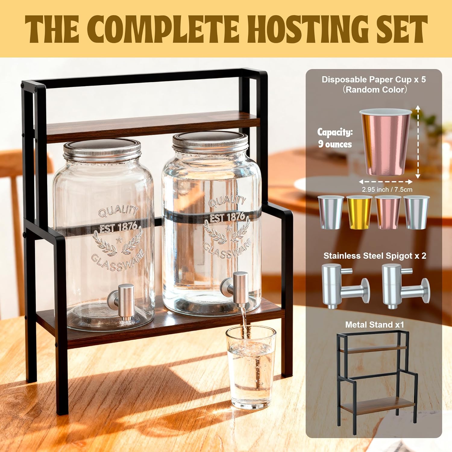 2PCS 1.5 Gallon Drink Dispenser - Glass Beverage Dispenser With Wood Stand and Leakproof Stainless Steel Spigot, Large Drink Dispenser for Parties, Lemonade, Iced Tea, Laundry Detergent Container - Image 6