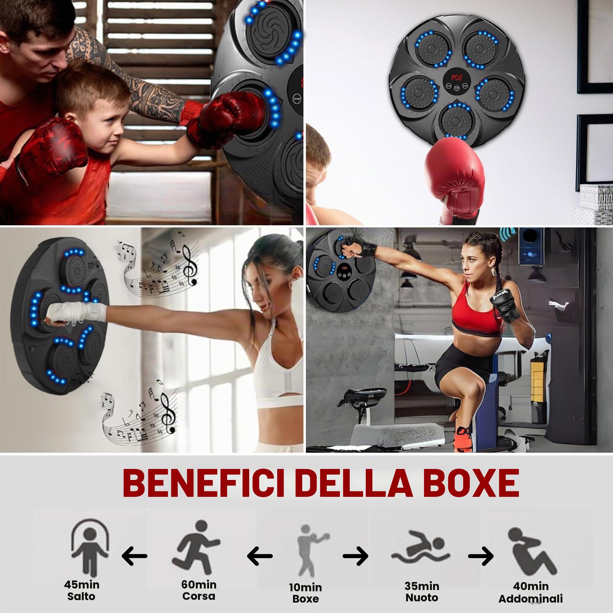 MAGIC SELECT Macchina da boxe musicale da parete con LED, guantoni da boxe, Bluetooth e luci al ritmo della musica, pugilato per bambini/adulti (9 modalità, 43 x 43 cm)