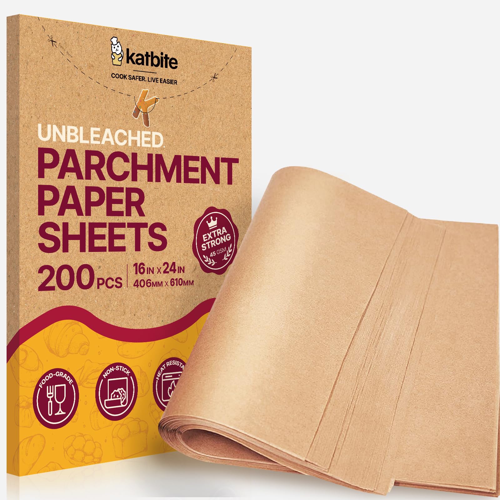 Katbite Parchment Paper Baking Sheets, 200 Pcs, 16x24 Inch, Heavy Duty