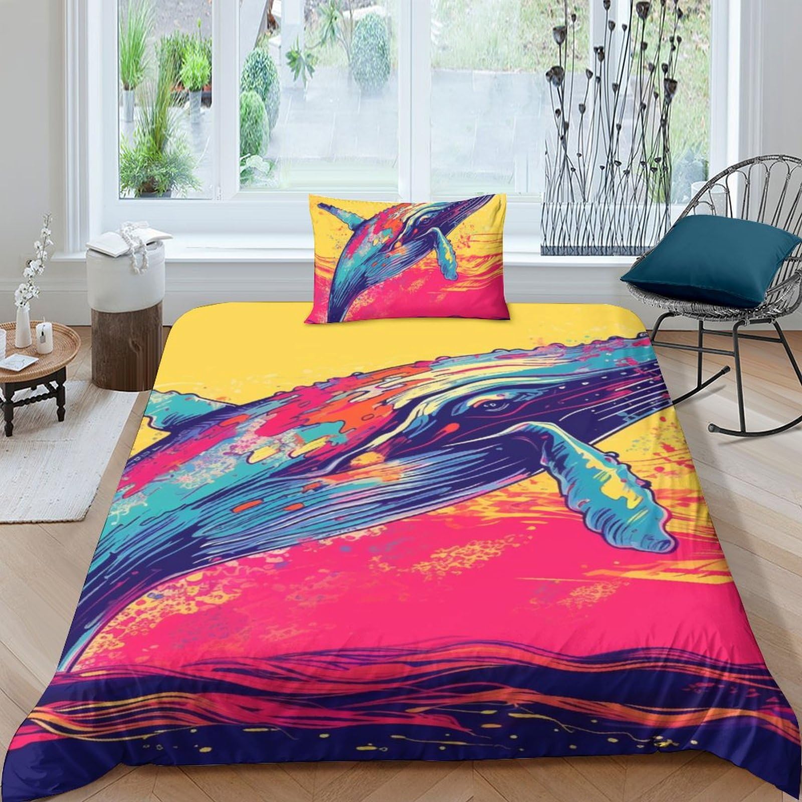 Parure de lit baleines 3D 135x200cm avec housse de couette et taie d'oreiller single
