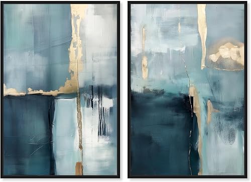 Gilded Blue Luxe 2 Panel Set Canvas Print Blue Wall Art by Art Remedy, Black Fra