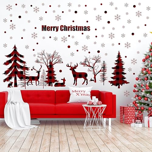 Merry Christmas Wall Decal Red Black Buffalo Plaid Christmas Tree Deer Wall Sticker Forests Animals Art Wall Sticker for Xmas Party Supplies Home Wall Decor