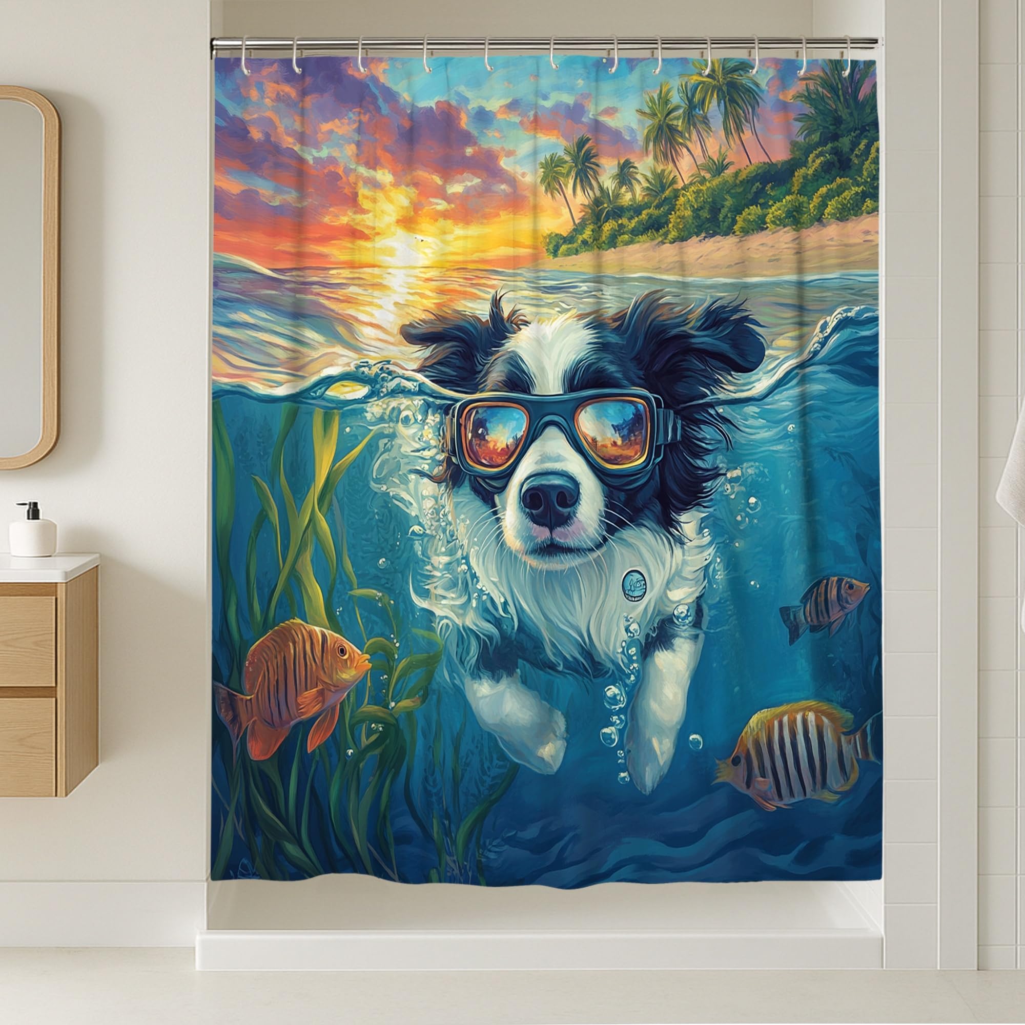 Border Collie Hunde-Duschvorhang-Set, lustiger Küstenstrand, Ozean, Haustier-Badezimmer-Dekoration, Bad-Polyestergewebe, dekorativ, 137 x 198 cm