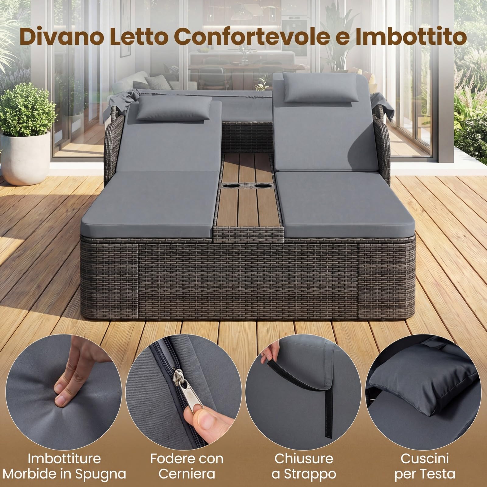 COSTWAY Letto Prendisole Matrimoniale per 2 Persone, Lettino da Giardino in Rattan con Tetto Retrattile e Schienali Regolabili, Isola Prendisole con Tavolino e Portabicchieri per Relax (Grigio)