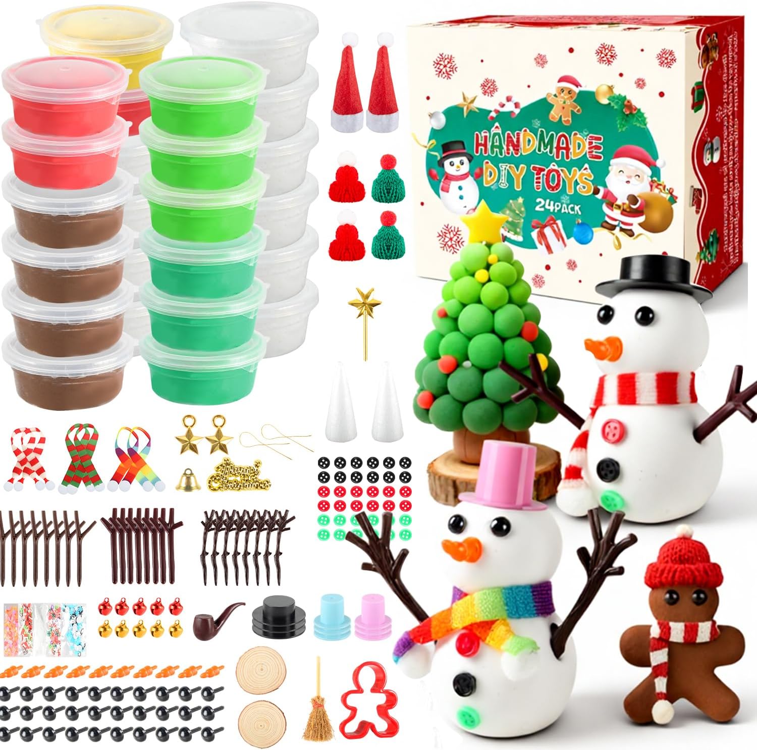 Christmas Crafts for Kids Build a Snowman Kit and Christmas Tree, 24 Pack DIY Snowman Kit Modeling Clay, Christmas Stocking Stuffers, Xmas Craft Gifts for Kids Winter Parties Activities Supplies