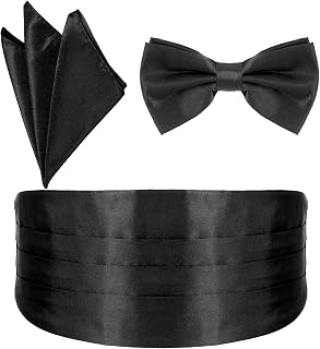 Men's Bow Tie Set, Adjustable Black Tuxedo Cummerbund, Bow Tie, and Pocket Handkerchief for Weddings and Formal Events