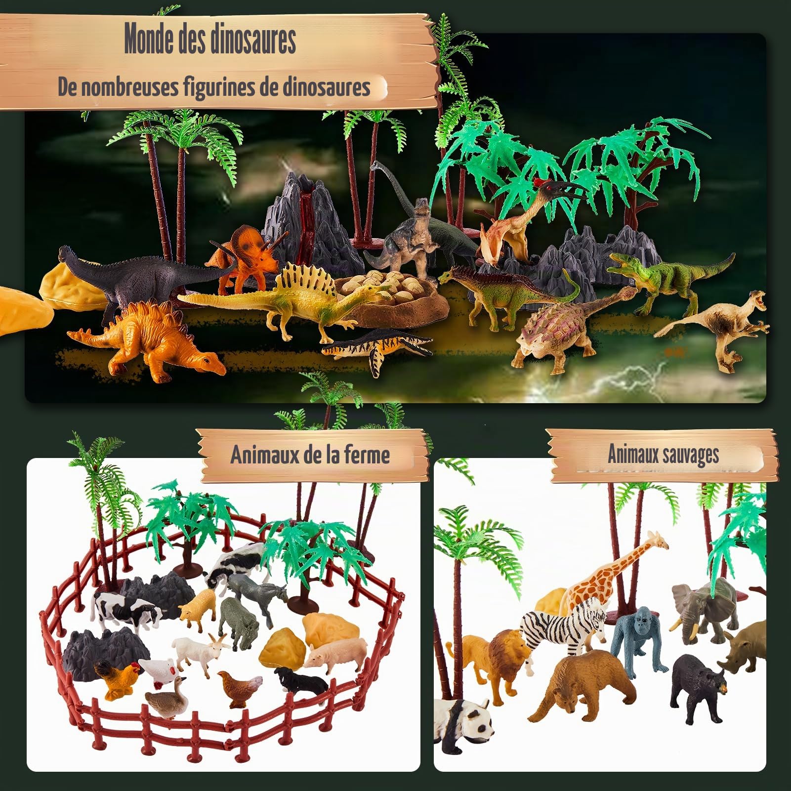 TOEY PLAY Jouet Figurines Animaux de la Ferme, Animaux Zoo, Dinosaure Jouet | 56 Pièces Mini Sauvages Savane Animaux Figure Ensemble de Jouets avec Malette, Jeux Cadeau pour Enfants 3 4 5 Ans