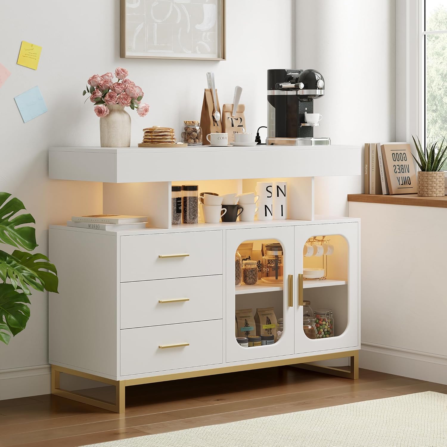 Garvee Modern Sideboard Buffet Cabinet with Auto-Sensor RGB LED Lights & Built-in Charging Station, Coffee Bar Table with Storage, 3 Drawers & 2 Doors for Dining Room, Kitchen, Living Room (White)