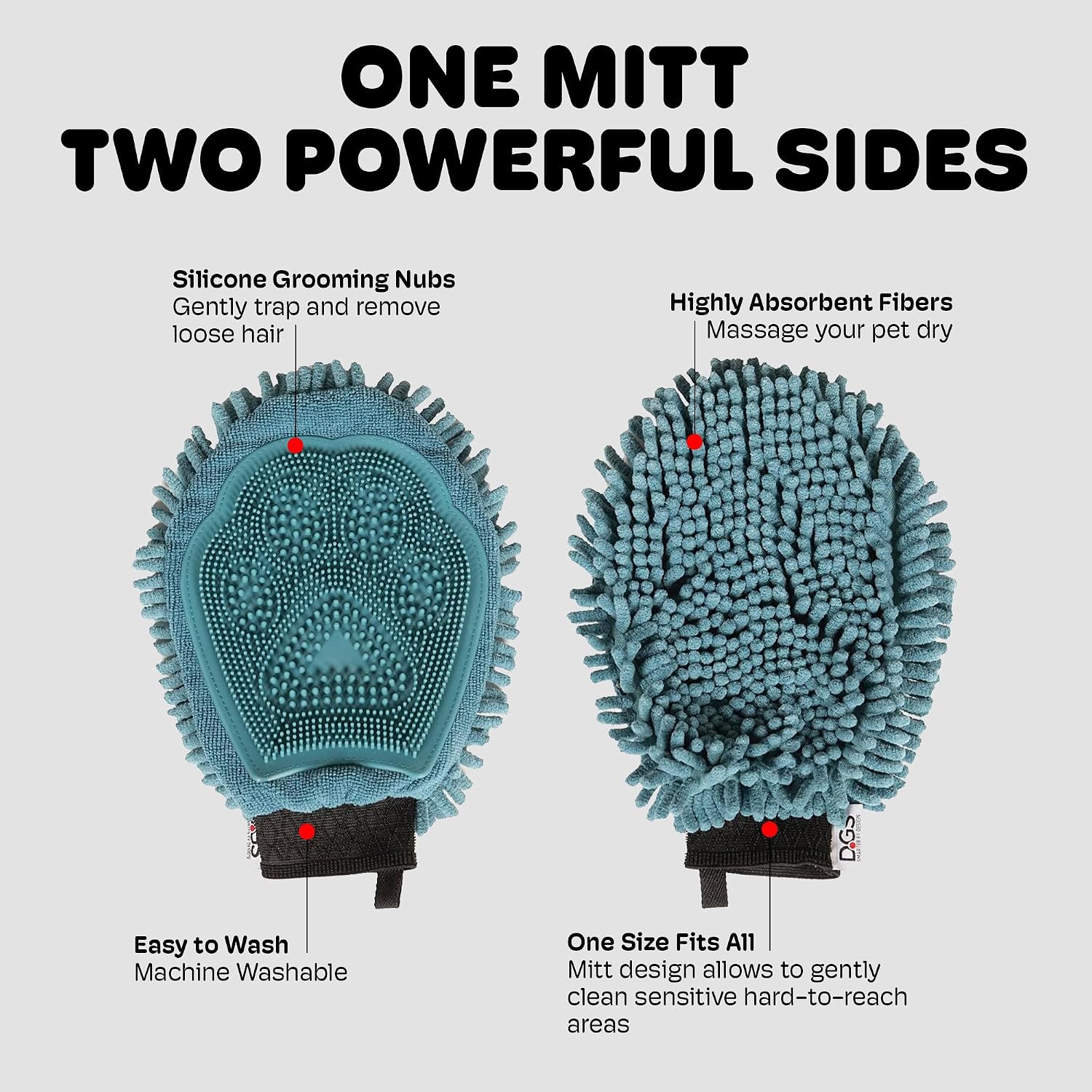 Dog Gone Smart Grooming Mitt - Universal Fit - Pacific Blue | Dual-Sided, Rubber Nubs for Grooming & Super Absorbent Microfiber for Fast Drying, Machine Washable - Perfect for Dogs & Cats