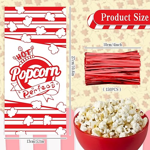 Miniatura 2 de Whaline 150 bolsas de celofán de palomitas de maíz con rayas rojas y blancas, bolsas de golosinas de palomitas de maíz, bolsa de fiesta, bolsas de