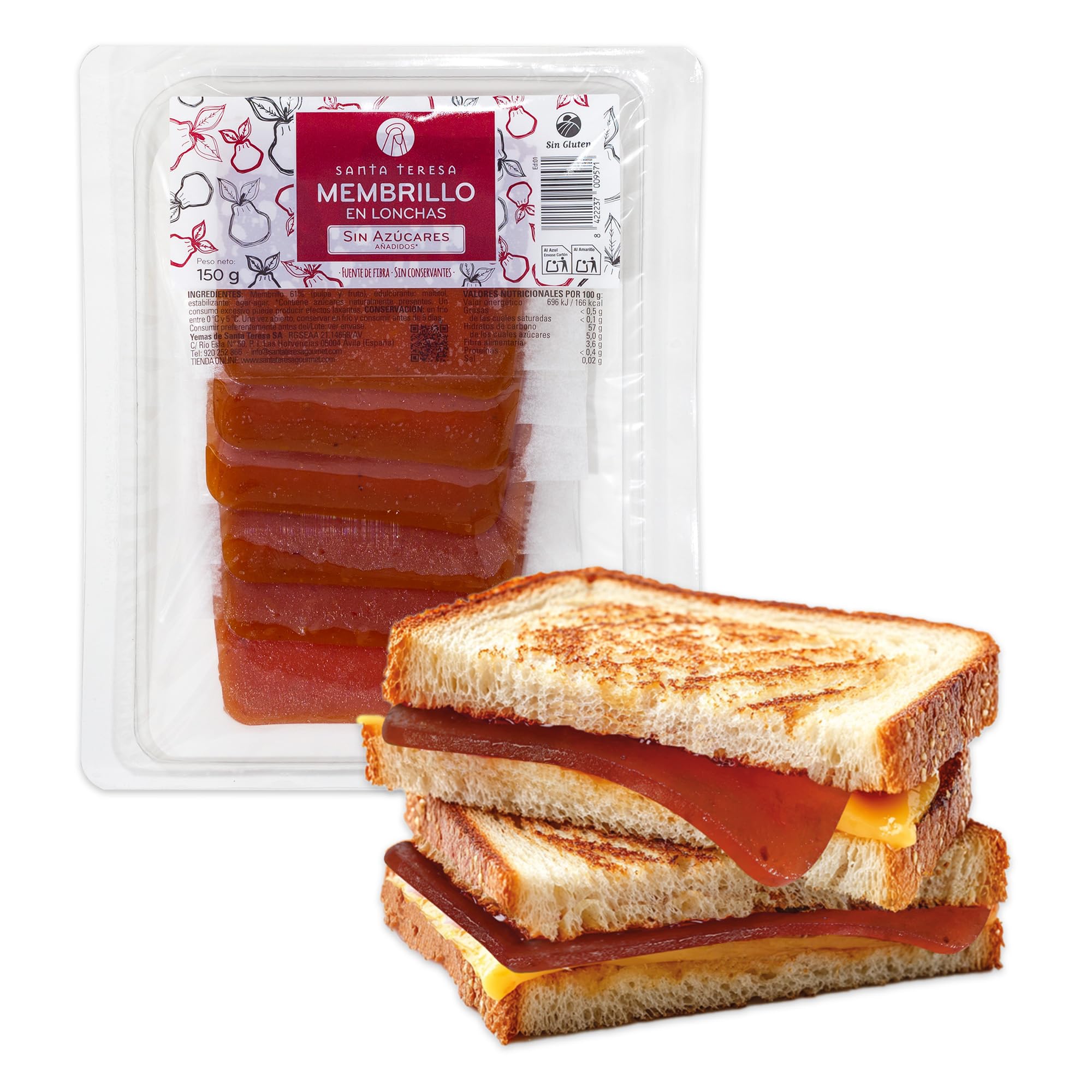 Santa Teresa - Membrillo en Lonchas Sin Azúcar. Sin conservantes ni aditivos. Sin gluten. Sin azúcares añadidos. 150g