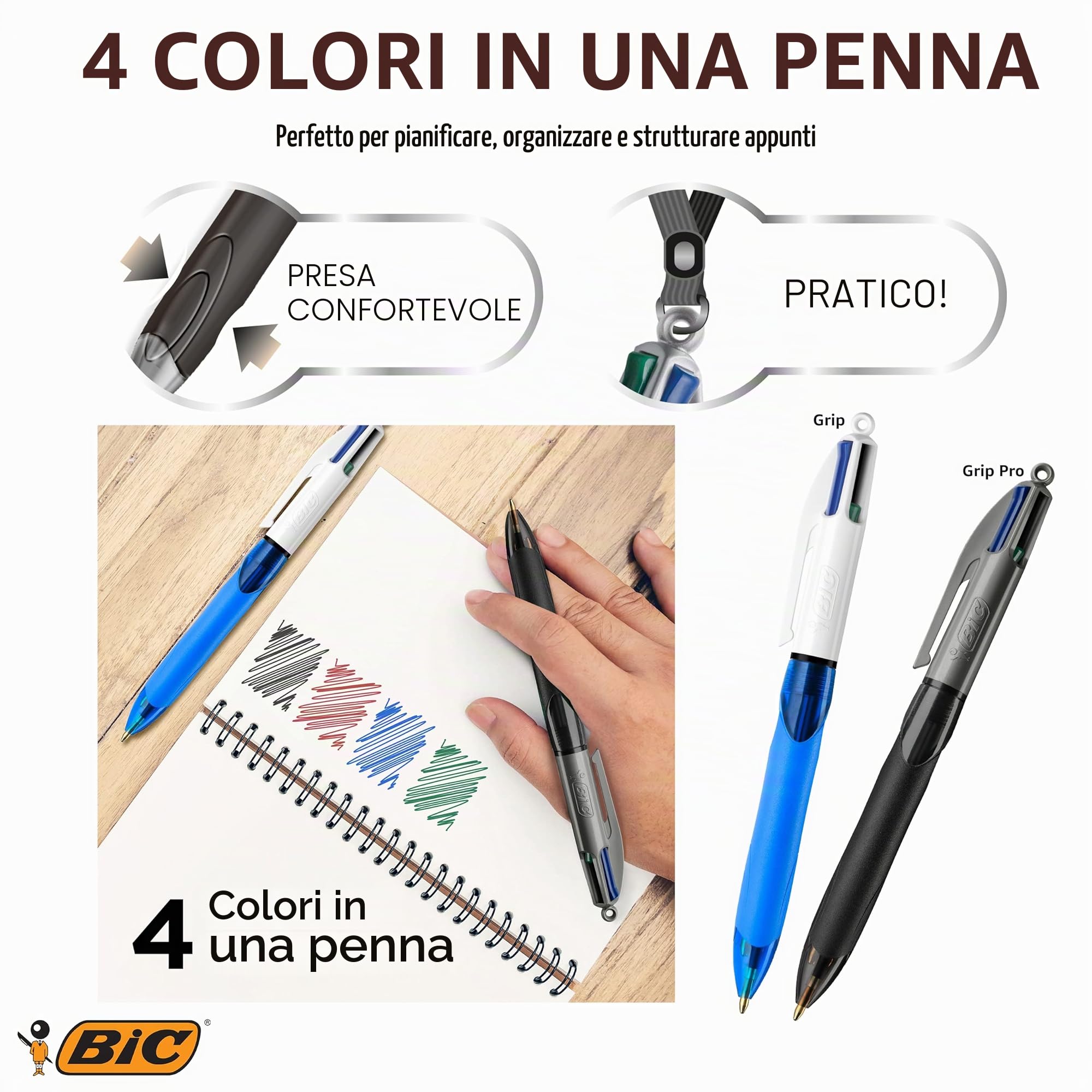 BIC 4Colori Grip Pro, Penna a Sfera a Scatto, Punta Media (1.0 mm), Confezione da 12, Fornitura per Cancelleria Ufficio