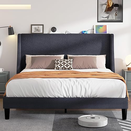 Miniatura 25 de VECELO Base de cama matrimonial con cabecera tapizada con respaldo alado, plataforma resistente con estación de carga y bolsillos laterales, no