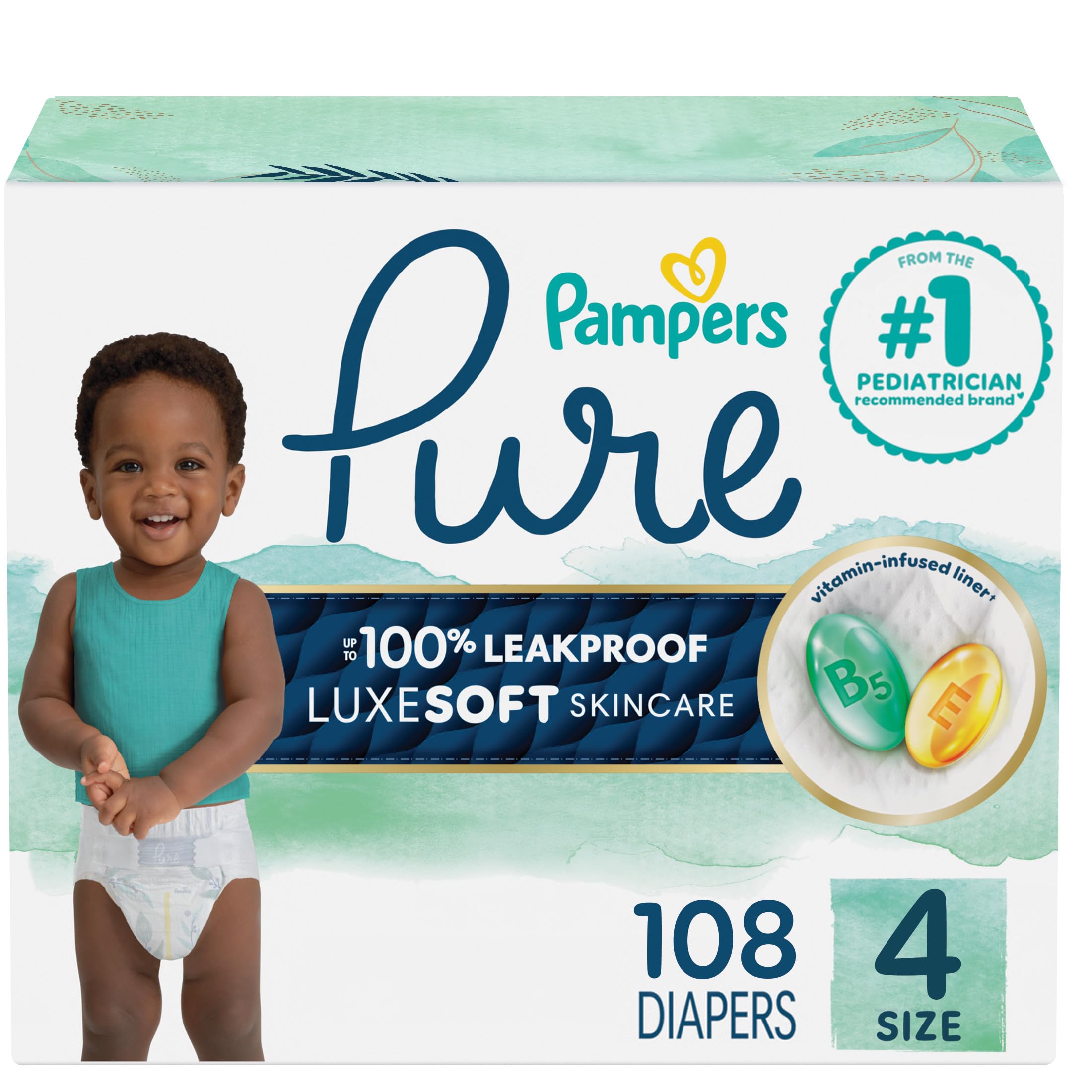 Pampers Pure Protection Baby Diapers, Size 4 (22-37 lbs), 108 Count, Up to 100% Leakproof, Premium Plant-Based Skin Protection, Hypoallergenic Soft Diapers