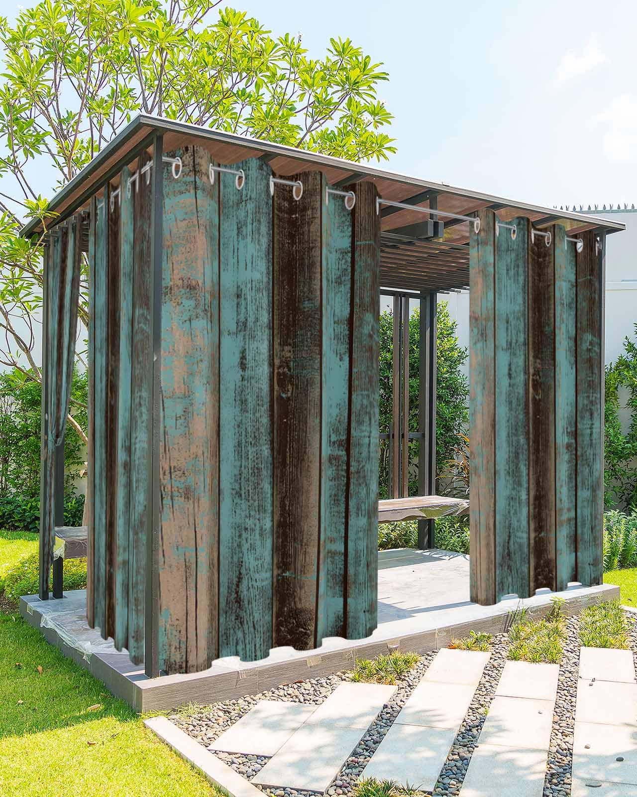 Waterproof Outdoor Curtains for Patio Porch, Farm Vintage Ombre Teal Wood Grain Grommet Curtain Panel Windproof Outside Curtains Tieback, Country Old Board Weighted Window Treatment Drapes