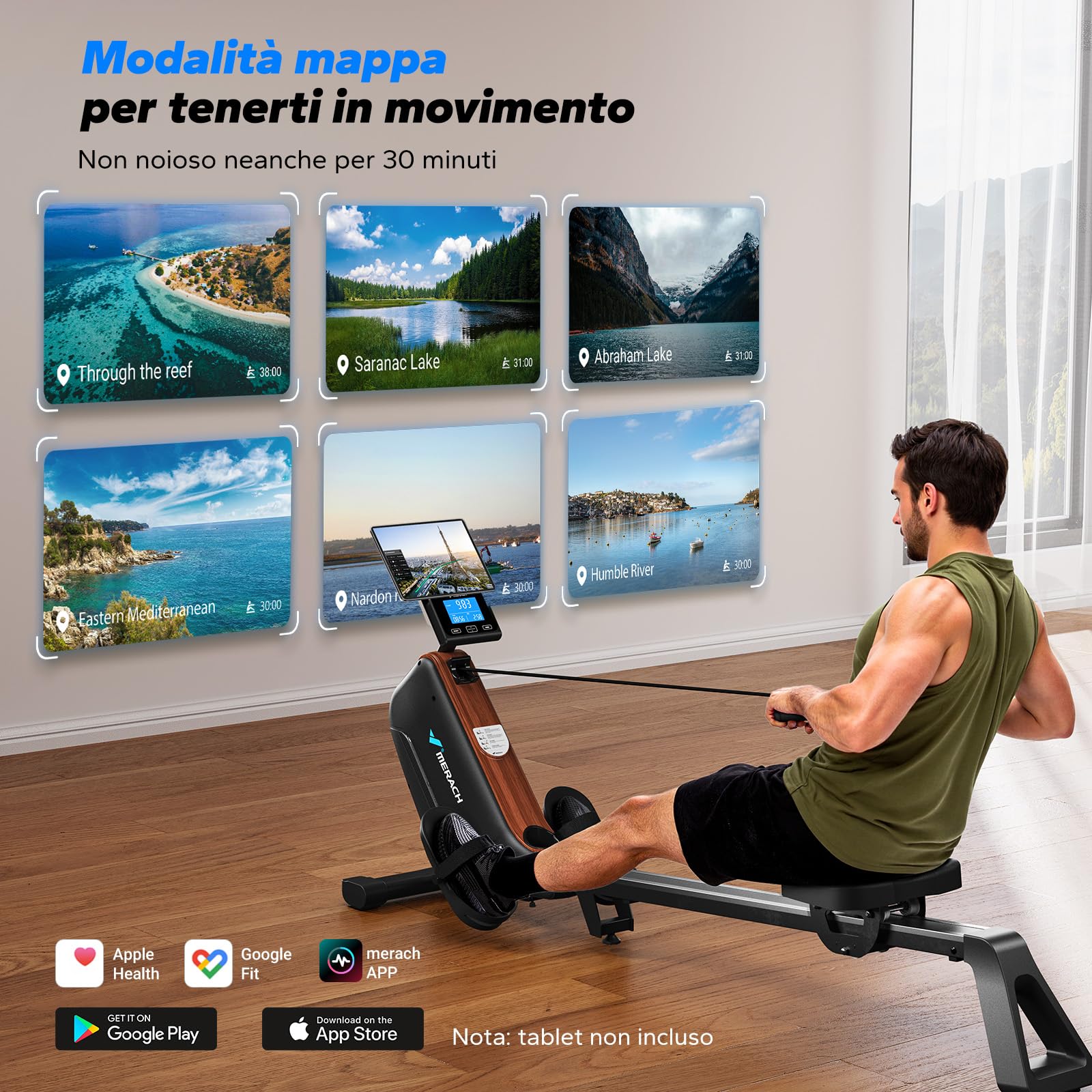 MERACH Vogatore per Casa, Vogatori Magnetici Silenziosi, Binari Migliorati ed Espansi da 130 cm per Movimenti più Liberi, Dotato di APP Esclusiva