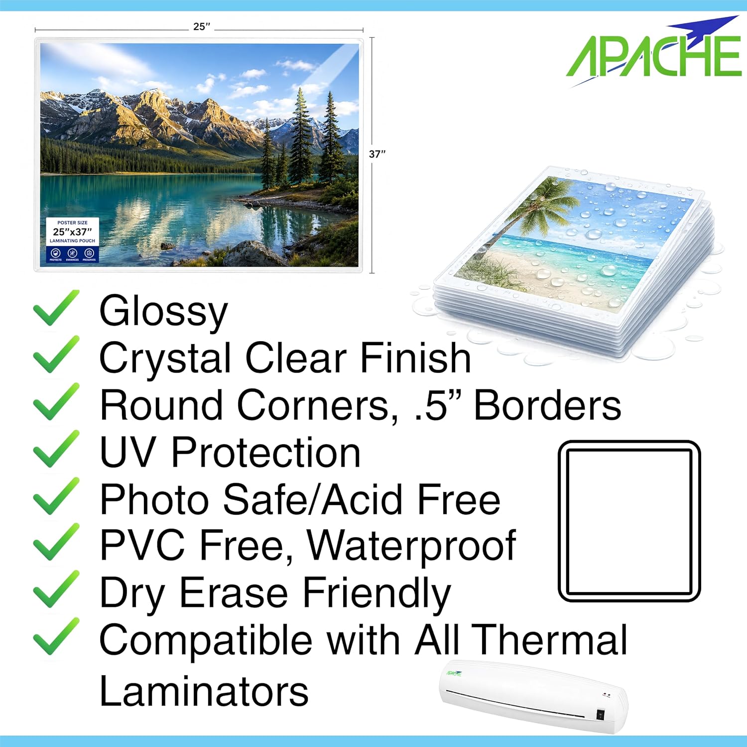 Apache Poster Size Laminating Pouches, 2 Mil, 10 Pack, Holds 24 x 36 Inch Projects (25 x 37 Inch Pouch Size), Thermal Laminator Compatible Laminating Sheets, Super Clear, Round Corners