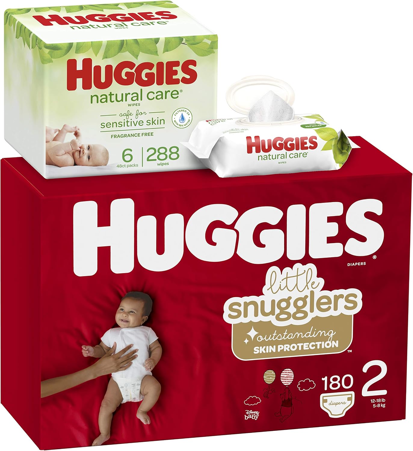 Huggies Brand Bundle – Huggies Little Snugglers Baby Diapers, Size 2, 180 Ct & Huggies Natural Care Unscented Baby Wipes, Sensitive, 6 Disposable Flip-Top Packs - 288 Total Wipes (Packaging May Vary)