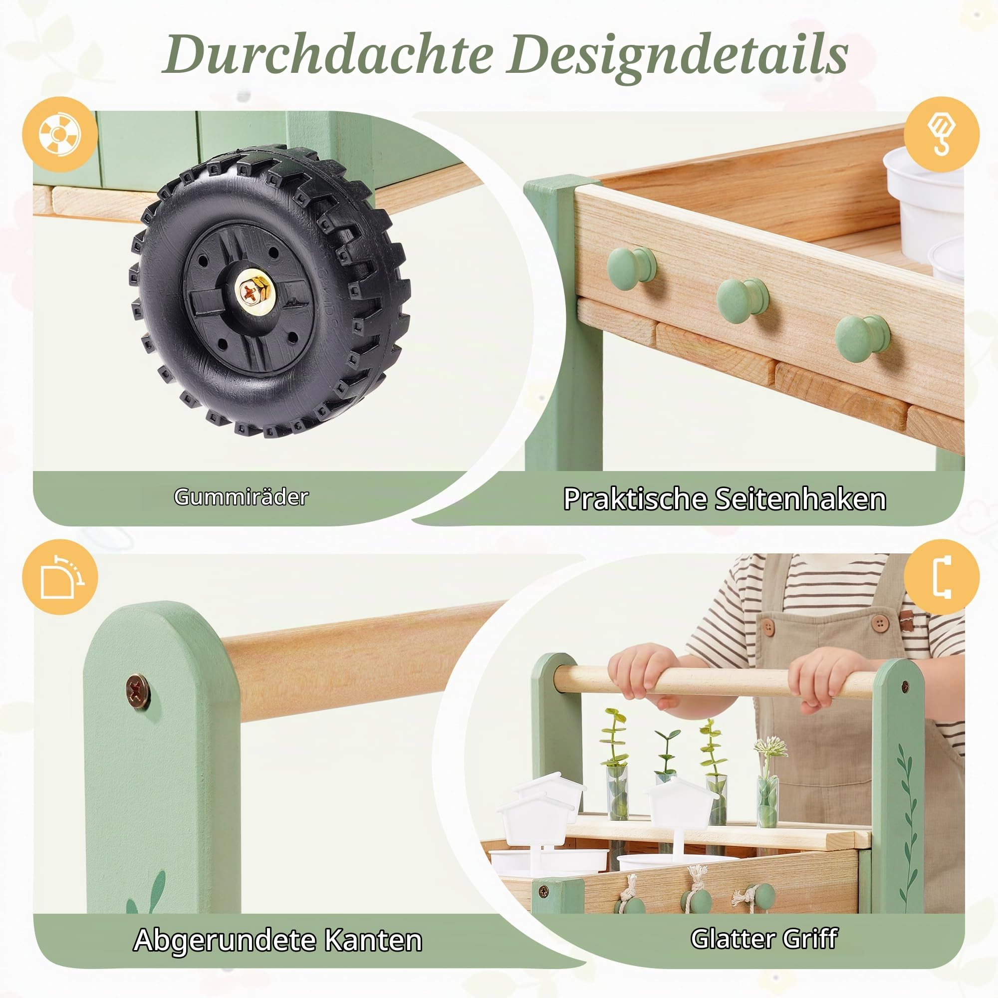 ROBUD Kinder Gartengeräte mit Holzwagen, Gartenwerkzeug mit Gießkanne, Schaufel, Handrechen, Pflanztöpfen und Hydroponik-Röhren, Pädagogisches Gartenset für Jungen Mädchen ab 3 Jahren, Grün