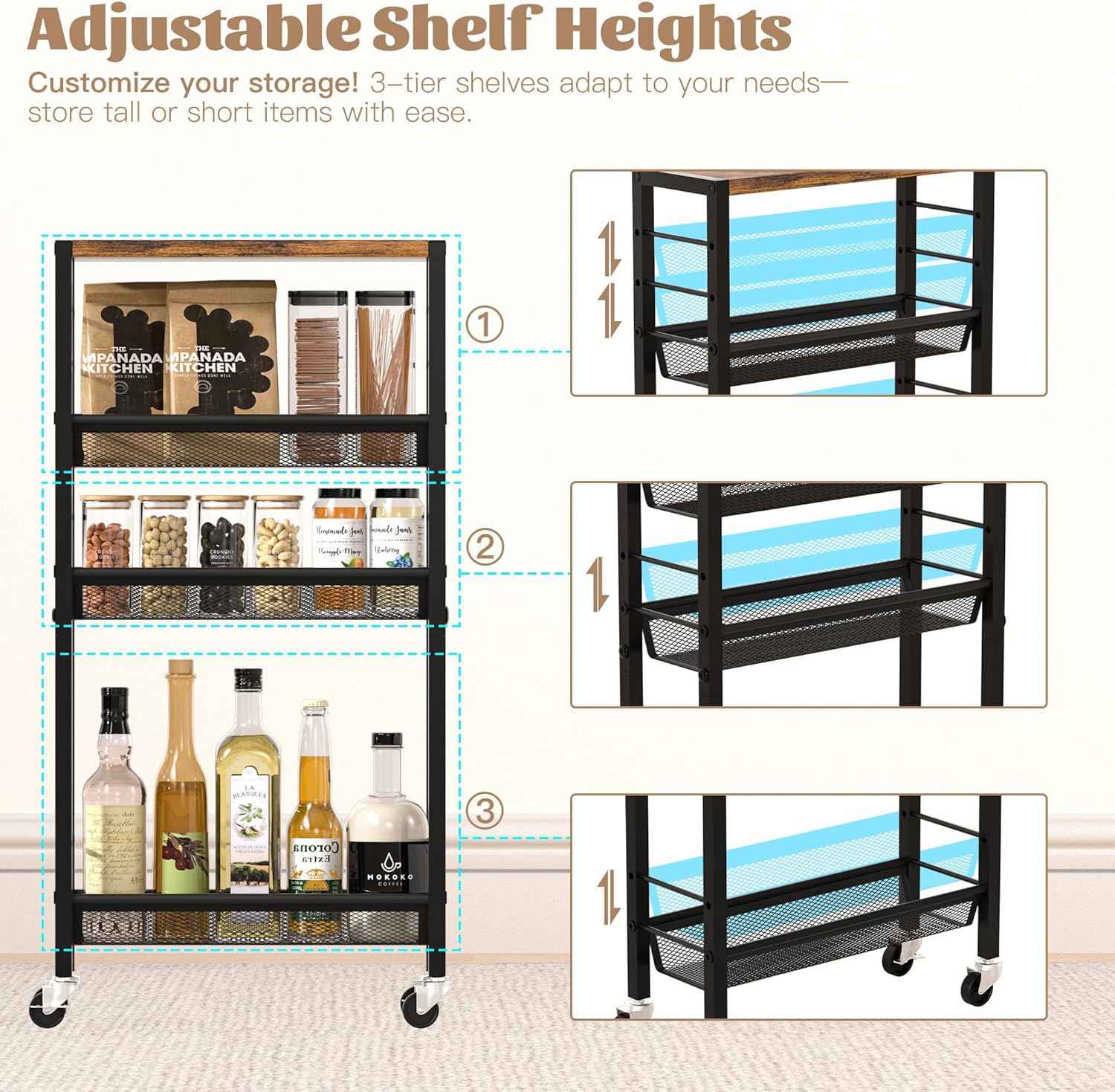 Narrow Storage Cart with Wheels,4-Tier Narrow Kitchen Carts Slim Rolling Cart,Skinny Storage Cart for Small Spaces,Rolling Utility Cart for Livingroom,Diningroom,Office,Laundry Room,Bathroom - Image 3