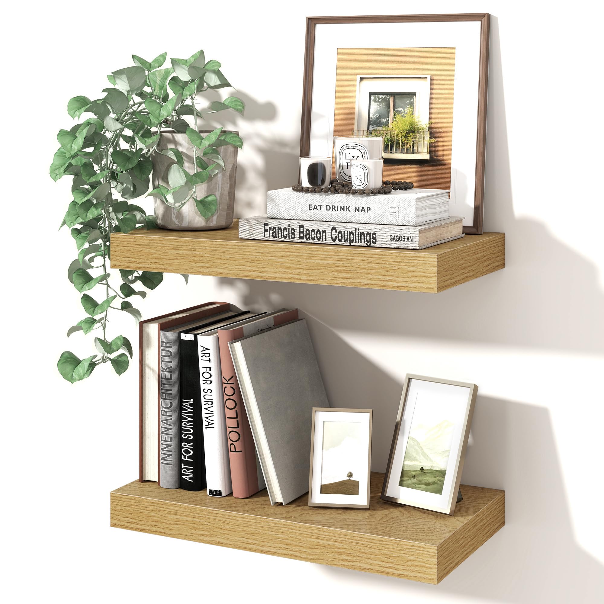 Axeman 40cm Floating Shelves for Wall 2 Pack Shelves for Bedroom|Kitchen|Bathroom Wall Mounted Rustic Wood Floating Shelf with Invisible Brackets for Books|Storage|Decor, Oak, 20cm Deep