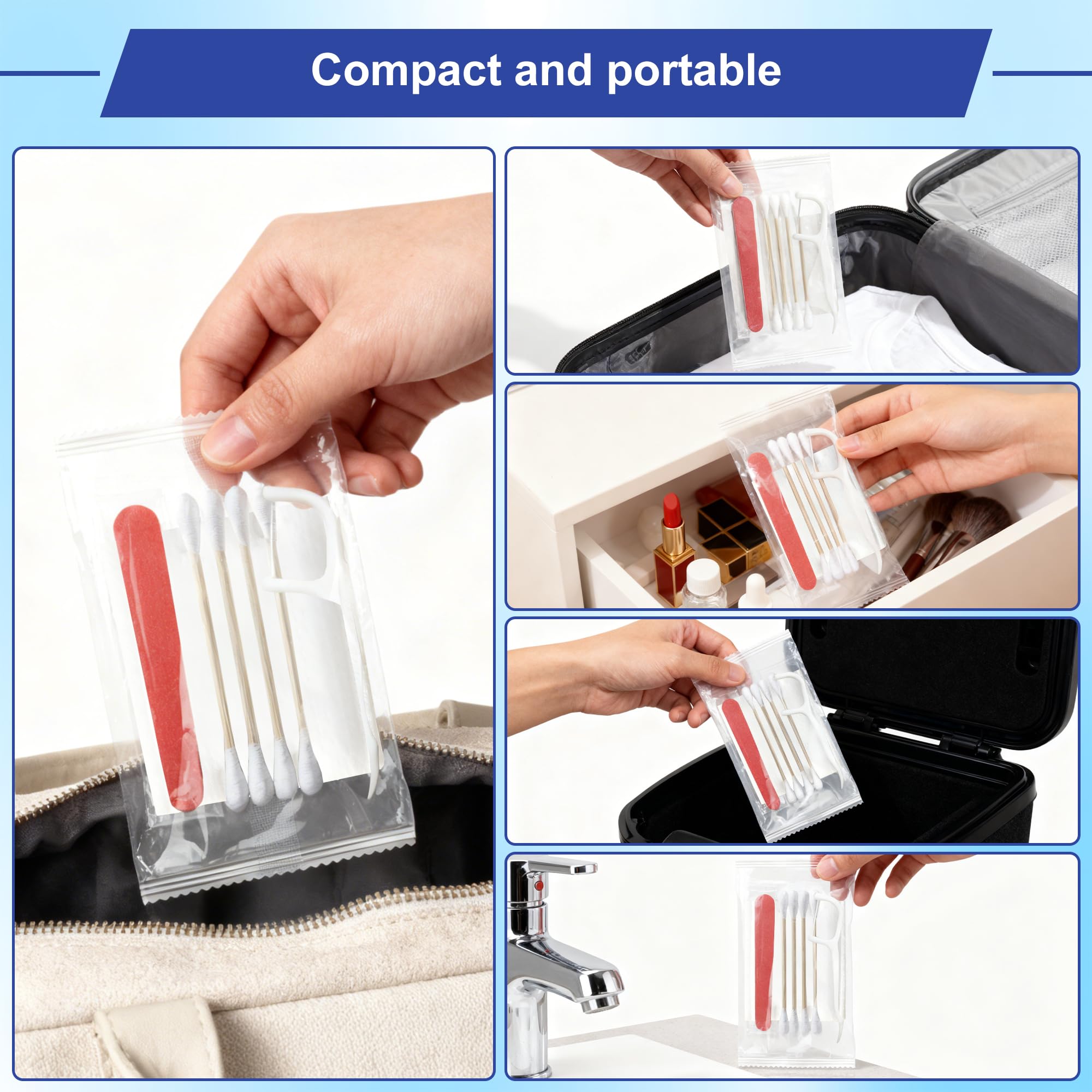 Hotel-Kosmetikset, Kosmetiksets in Großpackung, individuelles Kosmetikset mit Wattepads, Wattestäbchen, Zahnseide und Nagelfeilen, geeignet für Reisen, Hotels und den Gebrauch zu Hause (200 PACK)