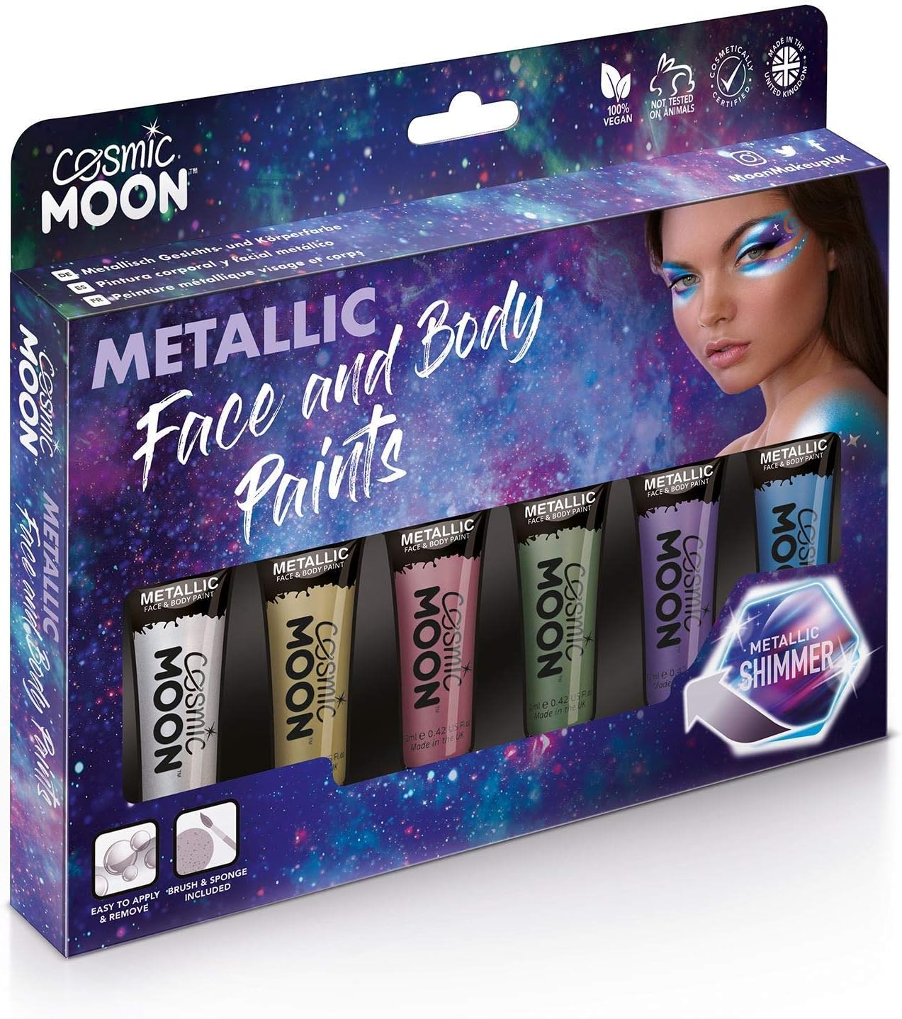 Cosmic Moon - Metallic Face Paint makeup for the Face & Body - 0.40fl oz - Create mesmerising metallic face paint designs! - Gift Set - Includes: Pink, Gold, Blue, Green, Silver, Purple