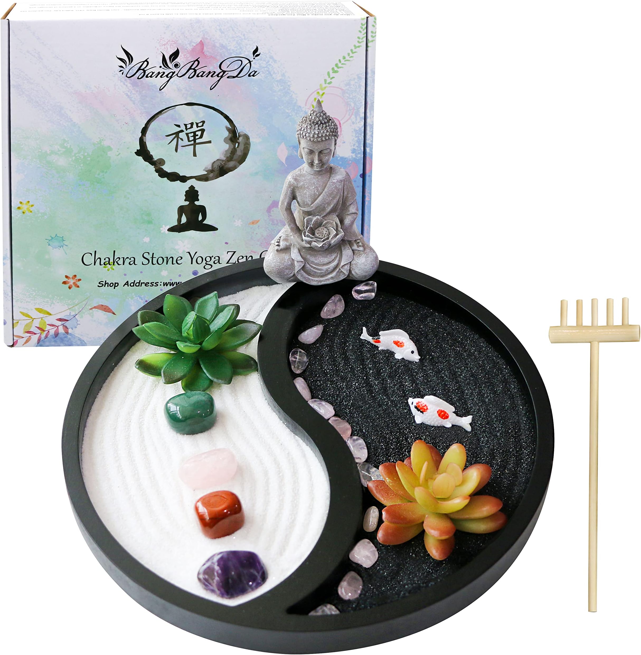 BangBangDa Buddha Meditation Zen Garden Kit - Home Office Tabletop Taiji Yin Yang Sand Garden Altar Zen Decor Zen Gifts DIY Mini Chakra Crystal Quartz Rock Garden w/ Nature Healing Stone Rake Tool