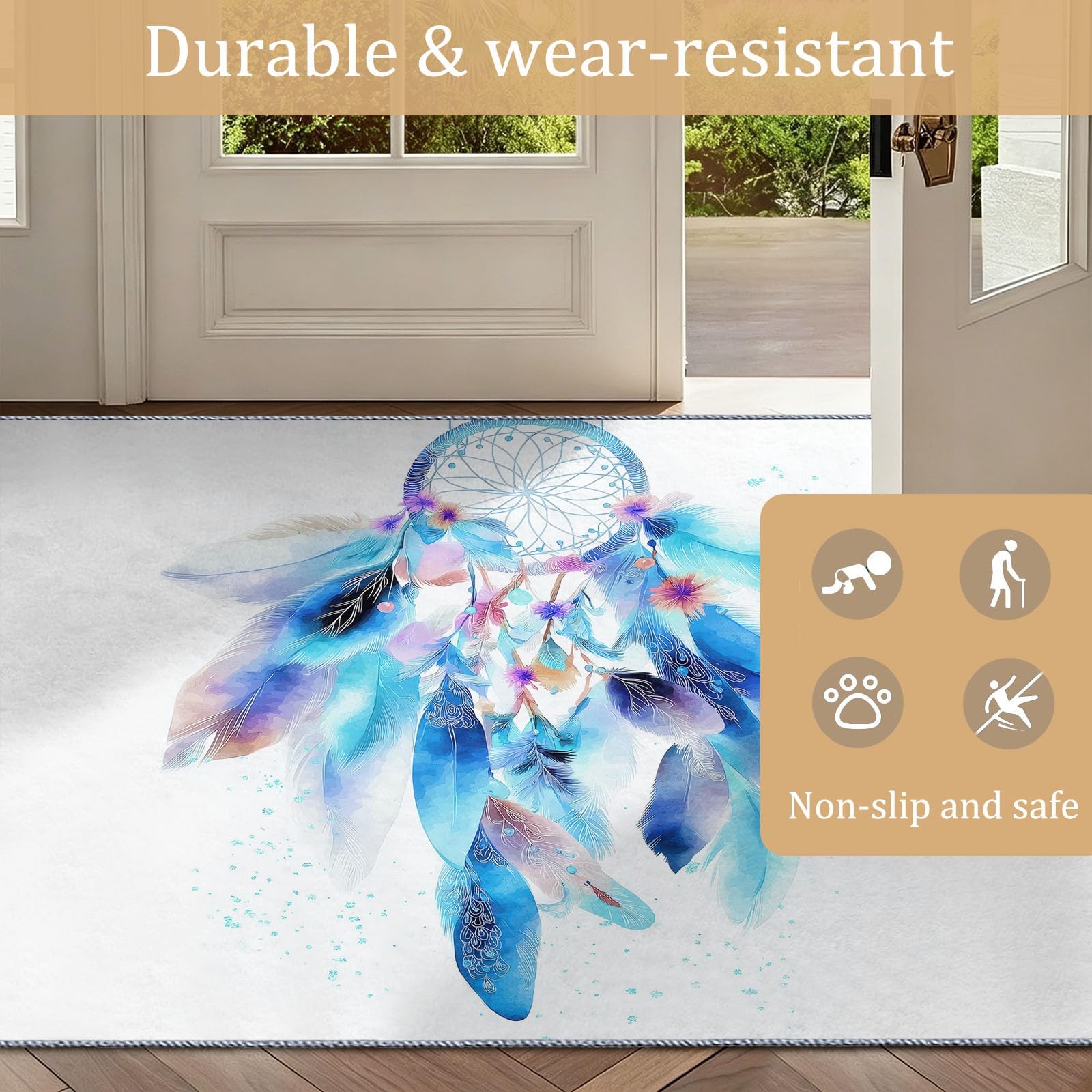 Generisch Teppich Wohnzimmer 120 x 180 cm Aquarellmalerei Carpets Innen, Waschbare Teppiche, Traumfänger Feder Große Teppich, Weiche Carpet rutschfest, Schlafzimmer, Esszimmer, Büro, Weiß