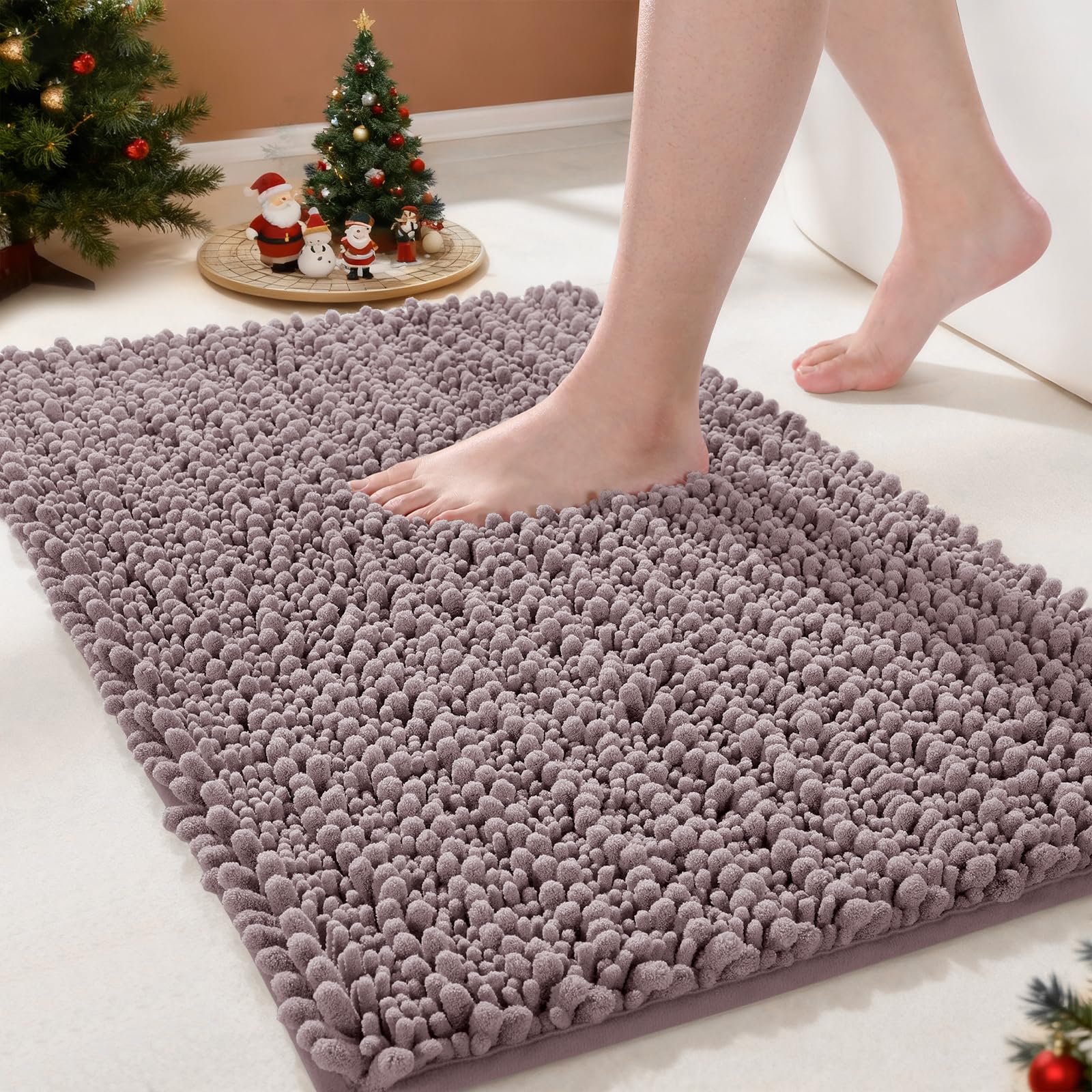 Yimobra Bathroom Rugs Non Slip Washable 24x17 Inch - Ultra Soft Absorbent Chenille Bath Mat, Quick Dry Shaggy Floor Carpet for Tub Shower, Mauve Home Decor Accessories
