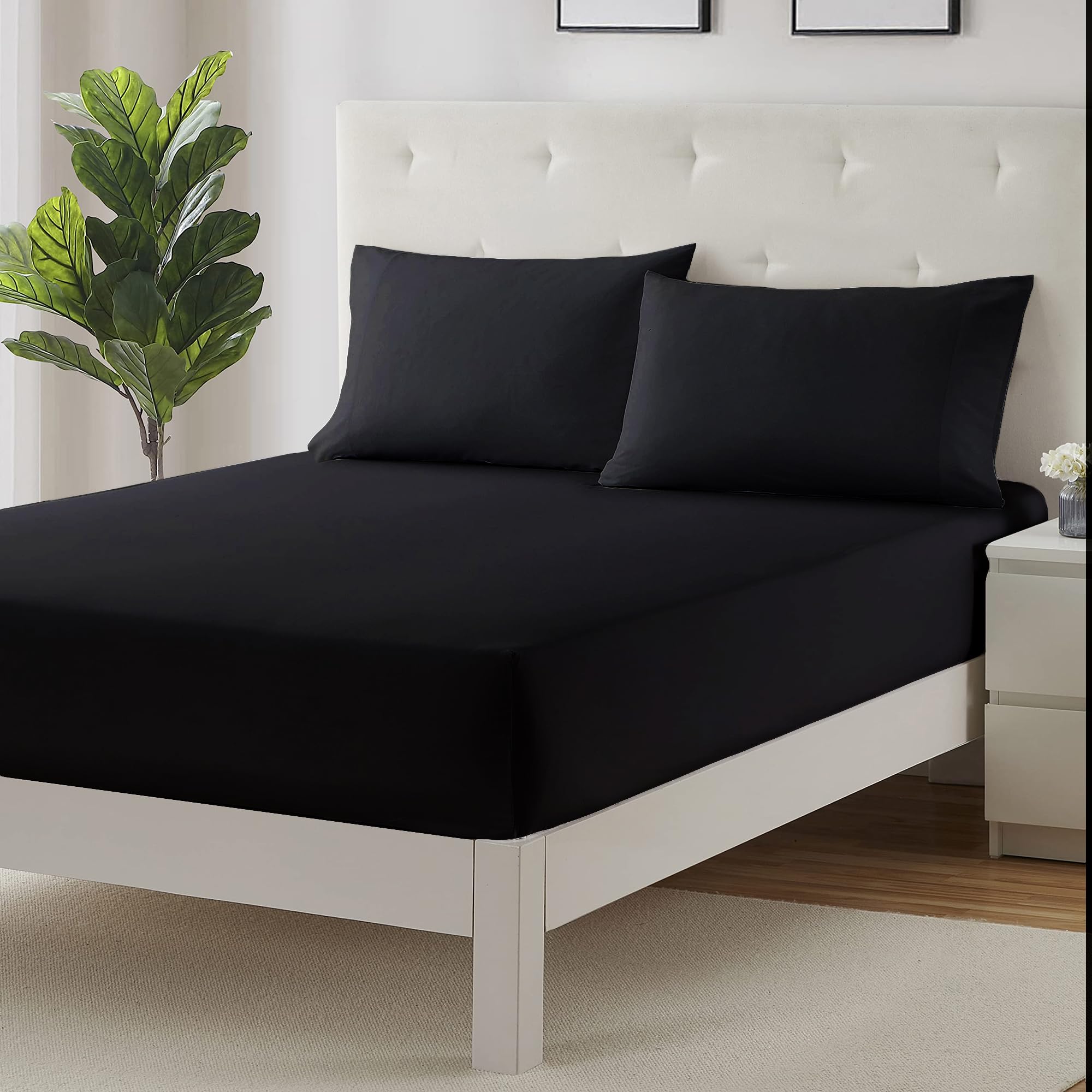 Luxury 200Tc Soft Touch Fitted Sheet Bed Linen 40Cm Extra Deep Skirt Black from B&Q