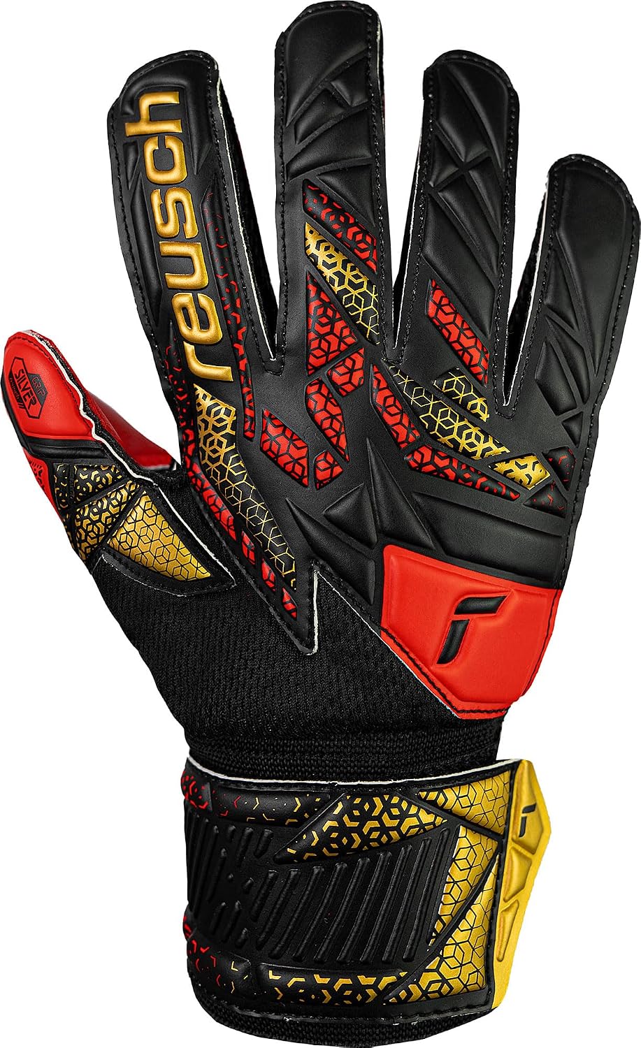 Reusch Attrakt Silver Junior Goalkeeper Gloves, Black/Gold/Red, Size 6