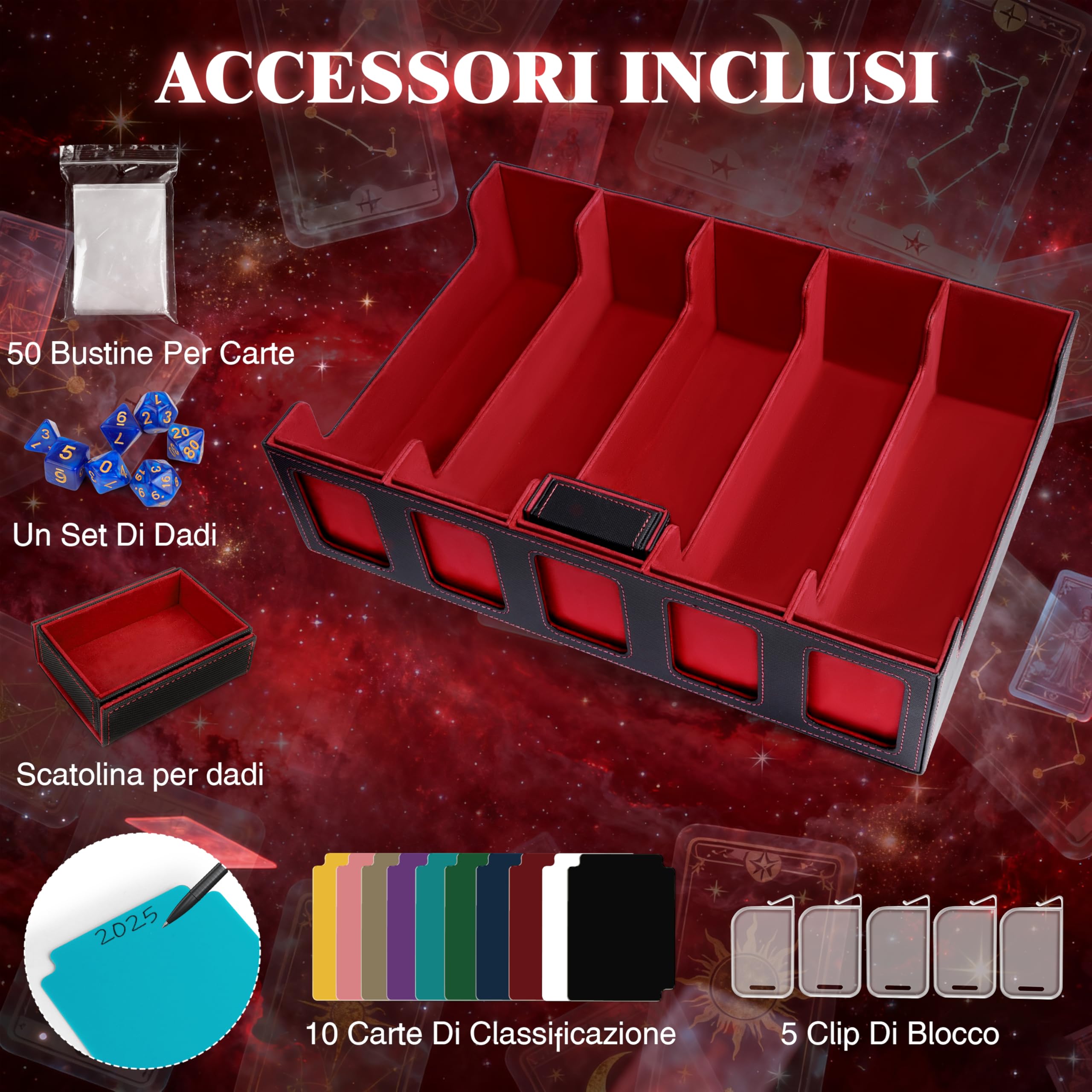Charmofun Deck Box per Carte, Magnetic Scatola di Carte da Collezione per Oltre 2800+, Porta Deck con Pelle PU e Chiusura Magnetica, 10 Divisori per Carte, 4 Clip Divisorie (Rosso, 3000+)